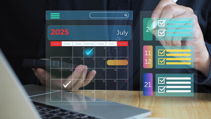 Digital calendar and checklist interface showing smart time management, Businesswoman track goal,...