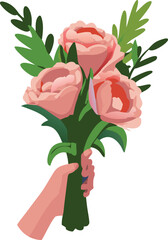 flower,hand,peony,person,plant,rose,three-dimensional,illustration,cute,leaf,colours,transparent,background,colorful,bouquet,minimal,human,icon,pink,art,february 14,valentine,blossom,design,floral,gre