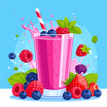 Pixel Art Fruity Smoothie with Strawberries Raspberries and Blueberries on a White Table Against a Light Blue Backdrop