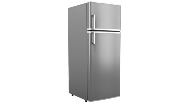 Shiny refrigerator appliance in silver color stands isolated on transparent background