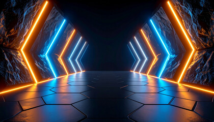 Futuristic corridor with glowing blue and orange neon lights on rocky walls and hexagonal floor tiles creating symmetrical and clean digital space with vibrant illumination