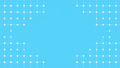 Interconnected white squares form symmetrical minimal flat design on bright blue background, creating clean and modern geometric pattern with tech inspired feel