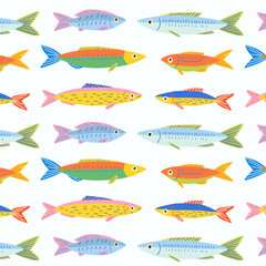Pattern of different of colorful sardines and fishes. Fish products in a bright doodle style. Perfect for packaging, prints, textiles, menu, backgrounds, cards, and summer illustrations.
