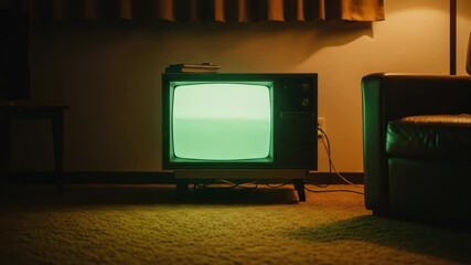 Retro vintage television screen in a dimly lit room retro living space interior television in a warm toned interior old tv green screen retro room television still image - Powered by Adobe
