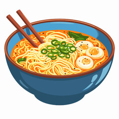Pixel Art Illustration of Ramen Noodle Soup in Blue Bowl with Eggs and Green Onions Using Chopsticks