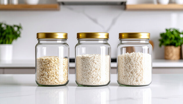Three glass jars with gold lids filled with white grains and oats sit symmetrically on clean kitchen counter, creating organized and calm cooking space