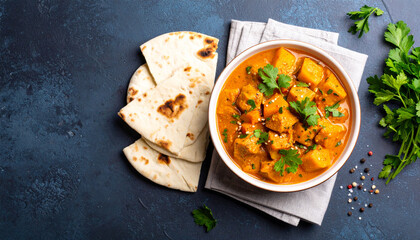 Vegetarian curry with chunks of vegetables and tofu in creamy sauce served in ceramic bowl with naan bread and fresh herbs on dark textured surface, appetizing and colorful