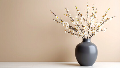 Firefly white blossoms arranged in dark gray vase on beige wall background with clean space on left create symmetrical and elegant floral display for interior decor