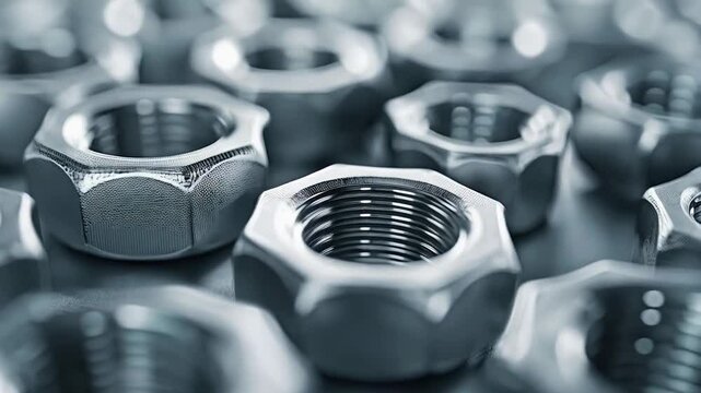 Steel nuts interlocking, forming geometric industrial pattern, highlighting metallic texture and precision manufacturing design