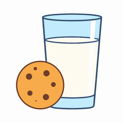 A Single Cookie and Glass of Milk Illustration Featuring Chocolate Chips and Light Blue Outlines on a White Background