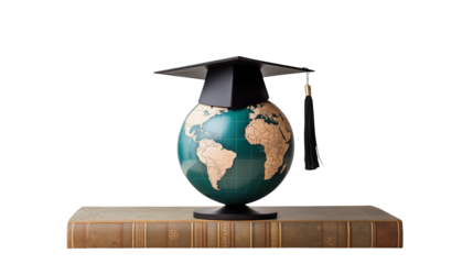 Globe wearing graduation cap symbolizes global education and academic achievement on a book isolated on transparent background