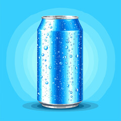 Pixelated Blue Soda Can with Water Droplets on Light Blue Background Retro Design