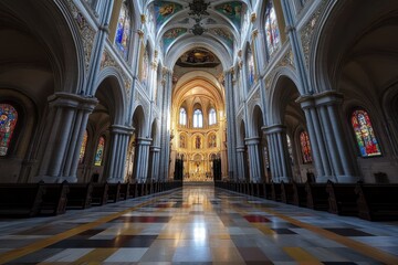 Fototapeta premium Magnificent interior view of Almudena Cathedral in Madrid showcasing stunning architecture and stained glass, Almudena Cathedral in Madrid