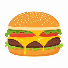 Appetizing Cheeseburger with Dripping Melted Cheese and Fresh Vegetables on Sesame Seed Bun Illustration