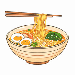 Aesthetic Ramen Bowl with Chopsticks Pick Up Noodles with Egg and Seaweed in Creamy Beige Bowl with White Background
