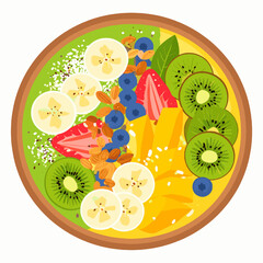 Aerial View of a Smoothie Bowl with Sliced Bananas Kiwis Strawberries Blueberries and Almonds with Yellow and Green Background