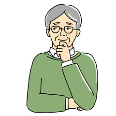 笑顔で考えるシニア男性のイラスト