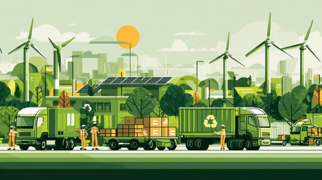 Green Logistics: Happy workers loading solar-powered trucks with recycled packages while wind turbines spin behind eco-warehouse
