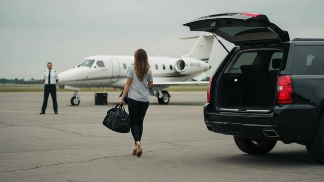 A woman is walking towards a private jet at the airport with a pilot and a black suv