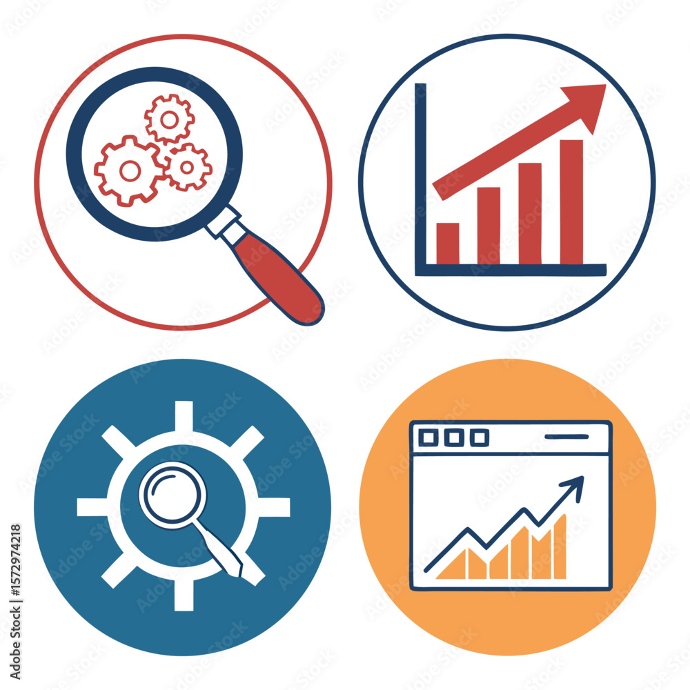 Poster four circular icons representing business growth analysis and optimization with magnifying glass gea