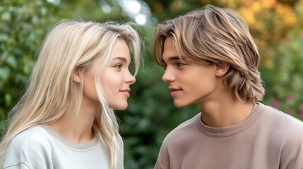 Fototapeta premium A young couple gazing intently at each other affectionately