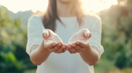 Hands Reaching Out in Natural Setting Symbolizing Openness, Connection, and Offering in Soft Morning Light