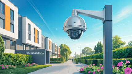 A modern residential complex with contemporary apartment buildings in orange, white, and gray colors .