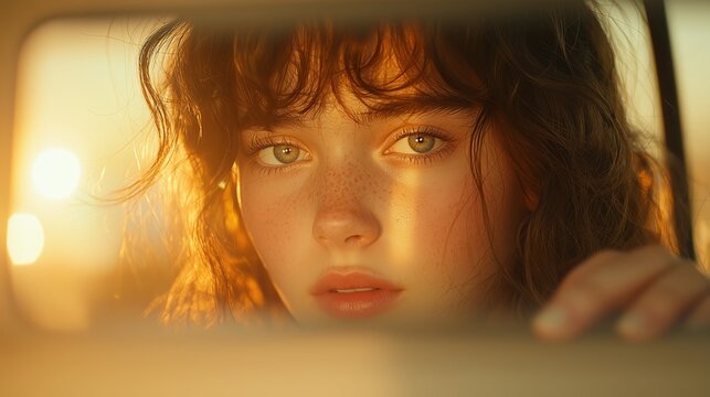 Young woman gazing thoughtfully in car mirror during golden hour, with soft sunlight highlighting her features and eyes