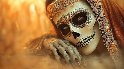 Elegant Skull Mask with Intricate Design and Dramatic Lighting in Atmospheric Setting