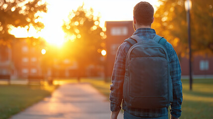 Young Man Walking in Campus at Sunset with Backpack, Urban Park Setting, Warm Colors in Background