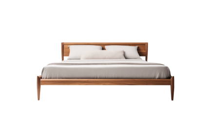 Minimalist bedroom features a wooden bedframe with soft pillows on a transparent background.