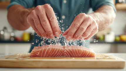 Fresh Salmon Preparation with Hands Sprinkling Salt in a Bright Kitchen Setting