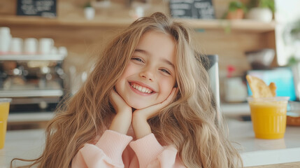 Happy Child Smiling in a Bright Cafe with Fresh Juices and Cozy Atmosphere