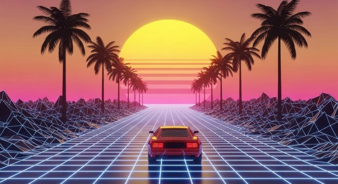 Retro Synthwave Drive Through a Neon Paradise