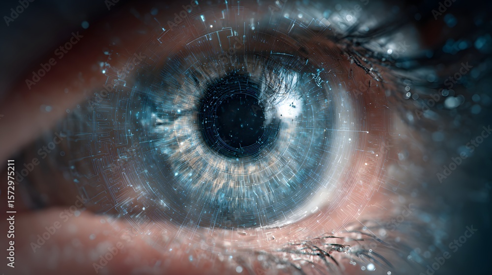 Poster eye with abstract digital overlay, showcasing human-computer interaction and potential for technolog