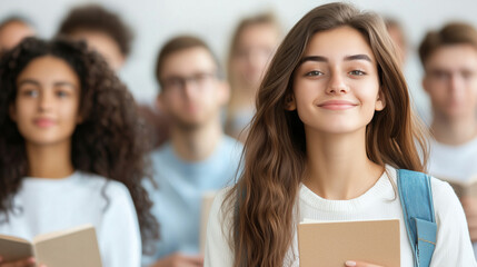 Young Female Student Smiling with Book in Classroom Surrounded by Classmates in Modern Educational Setting