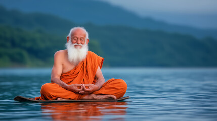 Serene Meditation of an Elderly Man in Orange Robes Amidst a Tranquil Lake Surrounded by Green Mountains and Soft Morning Light