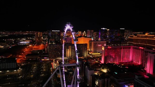 Las Vegas, United States - 01 March 2025: Aerial view of vibrant cityscape at night, United States.