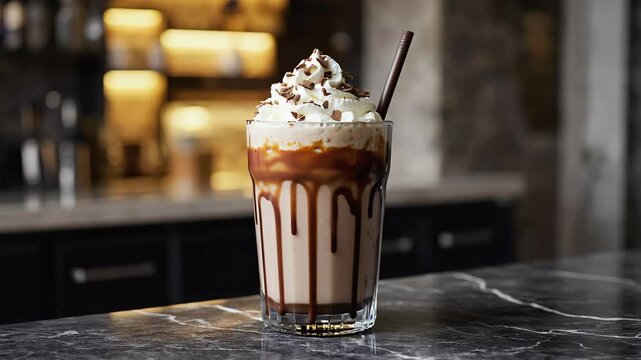 Nutella milkshake, Decadent drink, Close-up of Nutella milkshake in a glass topped with whipped cream, Brown and creamy hues, Warm soft light, Sweet and rich
