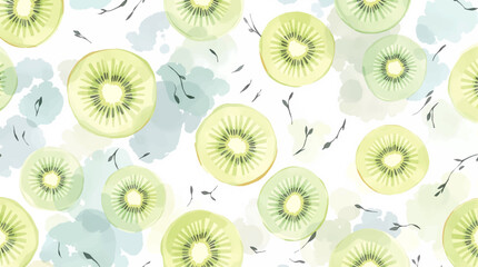 Fototapeta premium Seamless pattern of fresh kiwi slices with green floral elements on a clean background