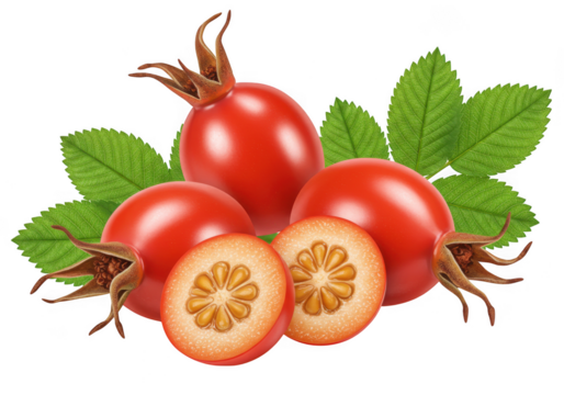 Ripe red rose hips with green leaves isolated on transparent background