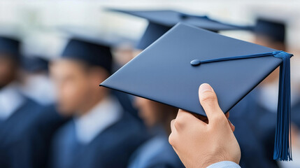 Graduation Ceremony Cap in Focus with Blurred Graduates in Background Celebrating Achievement and Milestone Event
