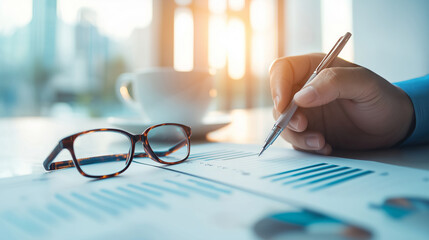 Business Professional Analyzing Reports and Charts with Glasses, Coffee Cup, and Pen in Modern Office Environment