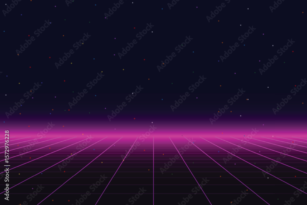Aufkleber retro cyberpunk style 80s game scene pixel art 8-bit sci-fi background. glowing neon grid and stars 