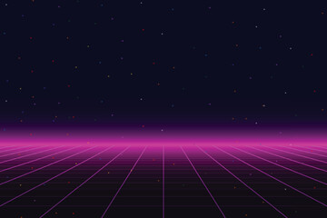 Retro cyberpunk style 80s game scene pixel art 8-bit sci-fi background. glowing neon grid and stars from vintage arcade computer games.