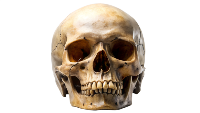 A detailed human skull shows the structure of the cranium isolated on transparent background