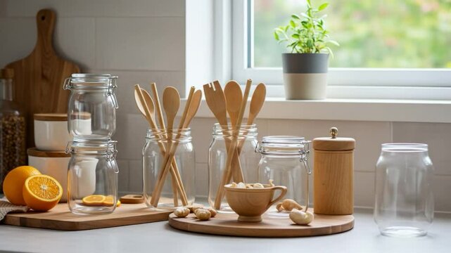 Kitchen utensils and jars with oranges and ginger