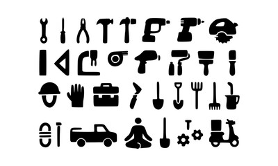 Collection of Black and White Tool Icons Construction, Repair, and DIY