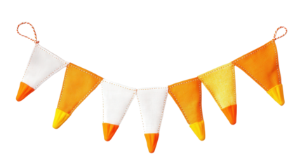 Candy corn-themed bunting with stitched patterns background isolated on a Transparent background, PNG file.