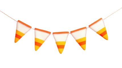 Candy corn-themed bunting with stitched patterns background isolated on a Transparent background, PNG file.